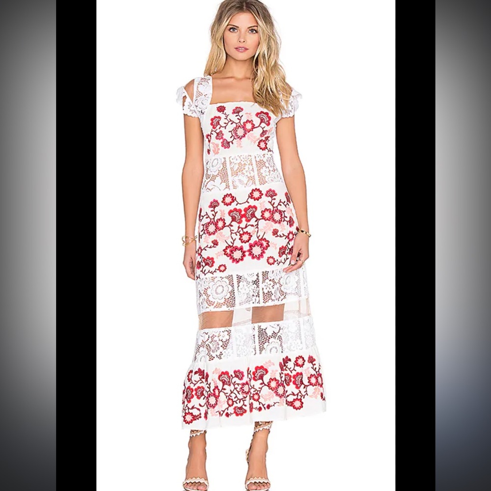 For Love And Lemons Floral Lace Midi Dress - Cream and Pink